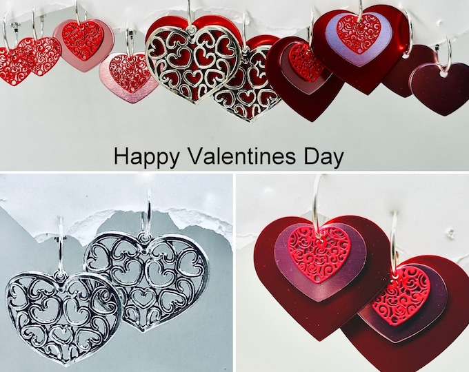 Filigree Heart Earrings, large, Interchangeable, Valentines Silver Red Pink Earrings