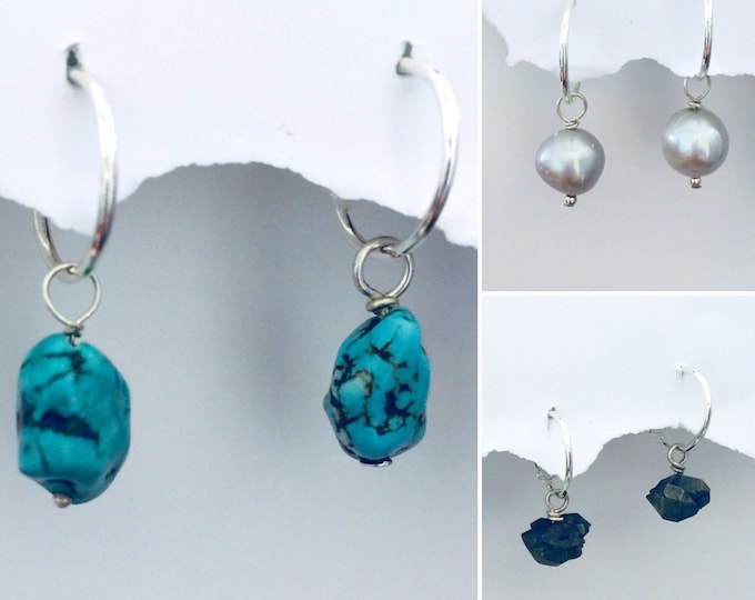 Gemstone Earrings, Interchangeable Turquoise Quartz Pearl Earrings, Hoop Earrings, Hoola Earrings