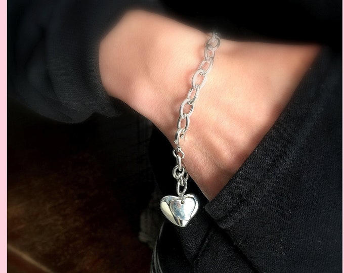 Silver Heart Bracelet, Heart Bracelet, Valentines Bracelet,  Large Link Bracelet