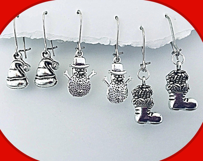 Silver Christmas Earrings Mini, Silver Snowmen Earrings, Stocking Stuffer, Specially priced, Interchangeable, Christmas Sale earrings,