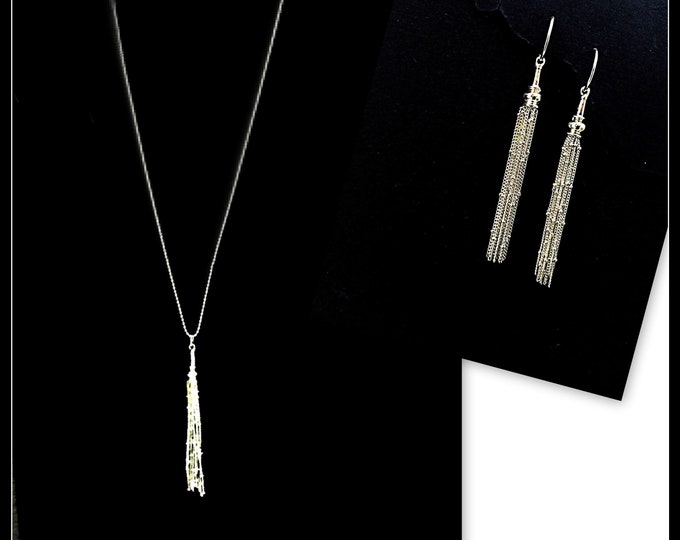 Tassel Necklace and earring set, Silver Necklace Set, Long Silver Necklace, Silver Necklace with tassle