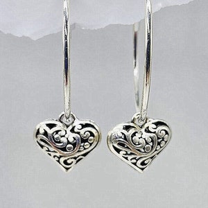 Heart hoop earrings, filigree heart earrings silver, silver heart earrings, silver heart hoop earring, filigree heart earrings