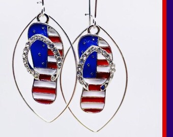 Patriotic Flip Flop Earrings: USA Flag, Sterling Silver Marquis