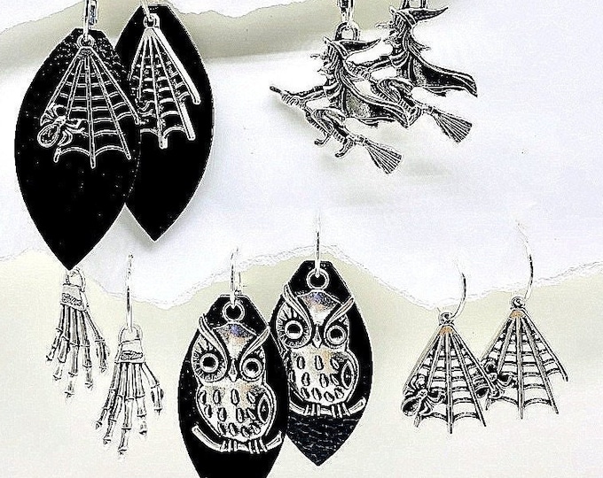 Halloween Earrings Dangle, Long Halloween silver Earrings, Owl Halloween earrings, Interchangeable earrings