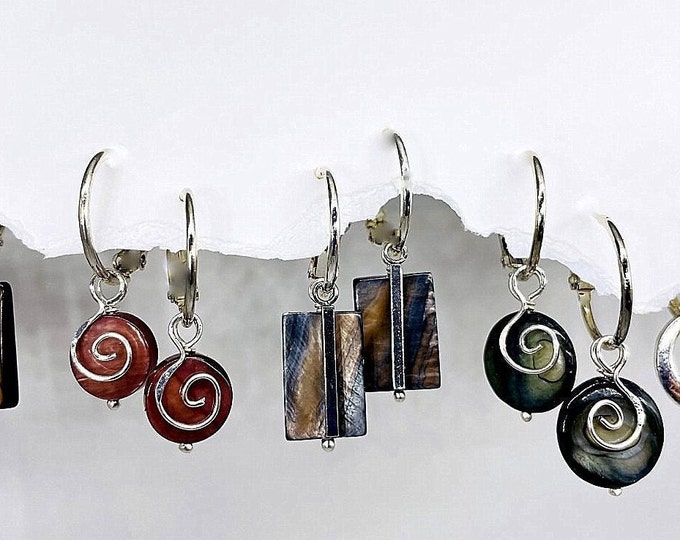 Fall Mini Earrings Set, Interchangeable shell mini earrings brown blue, Sterling swirl earring set, Small earrings, Shell earrings,