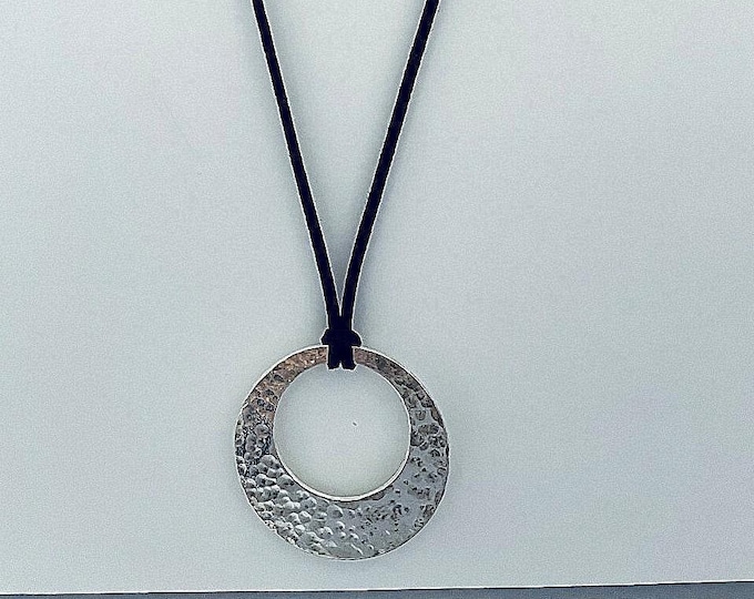 Hand Hammered, Long silver Necklace,  Hammered silver necklace, silver necklace long with ultra suede chain