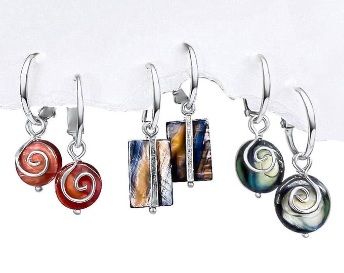 Fall Mini Earrings Set, Interchangeable shell mini earrings brown blue, Sterling swirl earring set, Small earrings, Shell earrings,