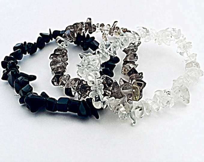 Gemstone Bracelet Set , Stretch bracelets, Onyx  Smokey Topaz and Crystal Bracelet Set, Set of 3