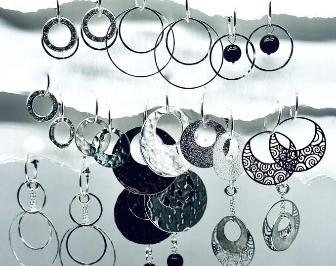 Hammered Silver Earring Set: Interchangeable Dangle Hoop Earrings