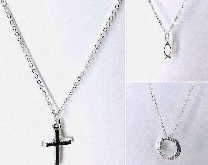 Christian Pendant Necklace Set: Cross, Faith, Fish - Silver Finish