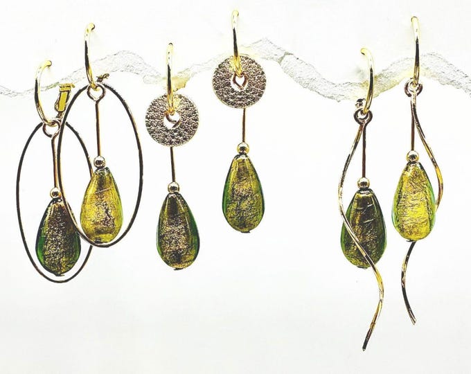 Murano Gold Oval Earring Set: Italian glass earrings, Olive