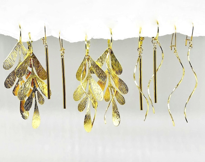 Gold Leaf Dangle Earrings Set: Interchangeable leaf Rod & Swirl Charms