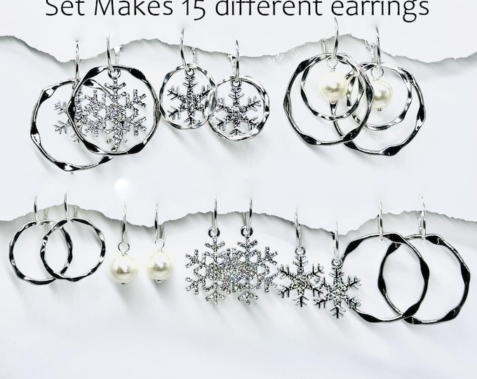 Silver Christmas Earrings, Silver snowflake Earrings, Holilday earrings, Interchangeable earring, hoop earrings, holiday bling earring