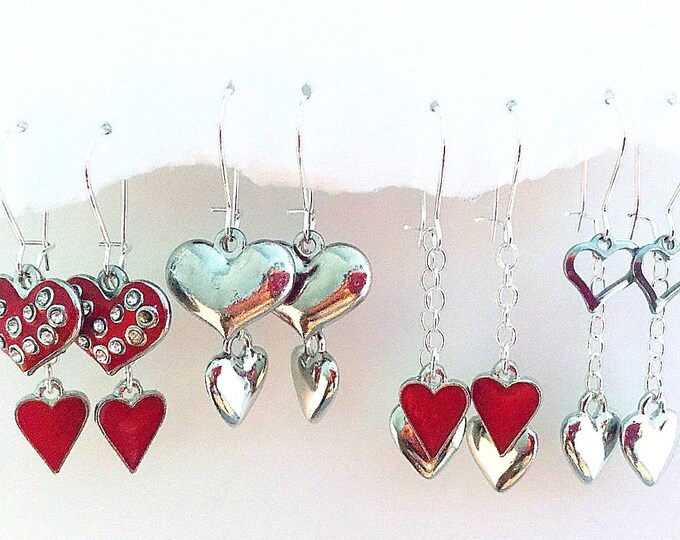 Red Rhinestone Heart Dangle Earrings, Interchangeable Charms