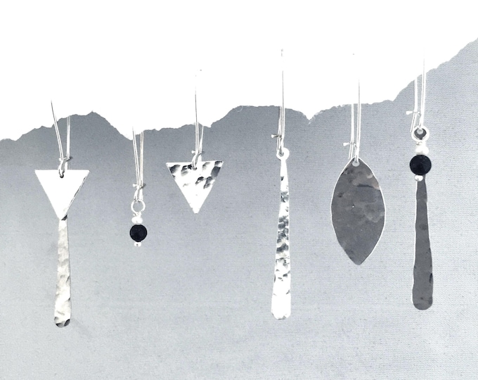 Minimalist Hammered Silver Earrings: Interchangeable Onyx Pearl Charms