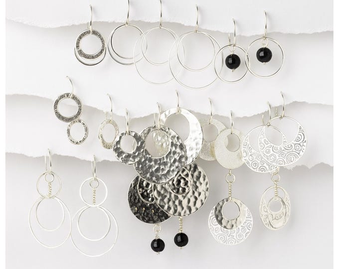 Hammered Silver Dangle Earring Set, Interchangeable Design