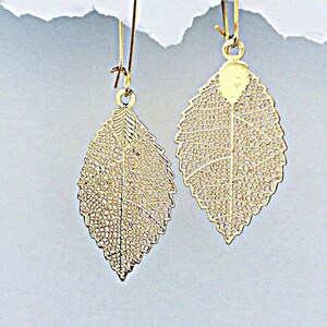 May include: A pair of gold leaf-shaped earrings with delicate filigree details. The earrings are suspended from thin gold hoops.