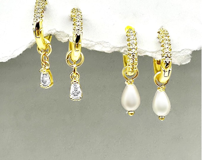 Gold Huggie Hoop Earring Set, Interchangeable Gold Huggie Hoop, Huggie Hoop pearl Set, Gold Huggie Hoop Earring,  gold pearl hoop earring