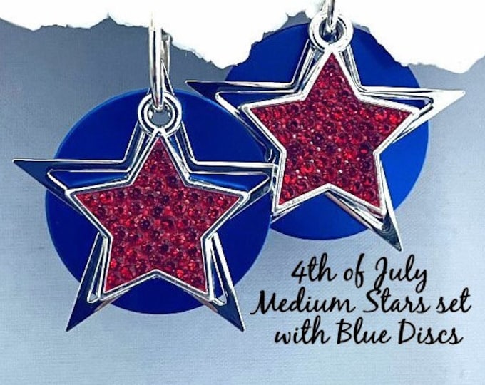 Patriotic Star Earrings: Red Sparkle, Silver Wire, Blue Discs