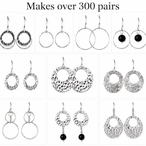 May include: A collection of silver-toned hoop earrings featuring various designs, including hammered textures, double hoops, and black bead accents. The text 'Makes over 300 pairs' is displayed at the top of the image, showcasing a variety of earring styles.