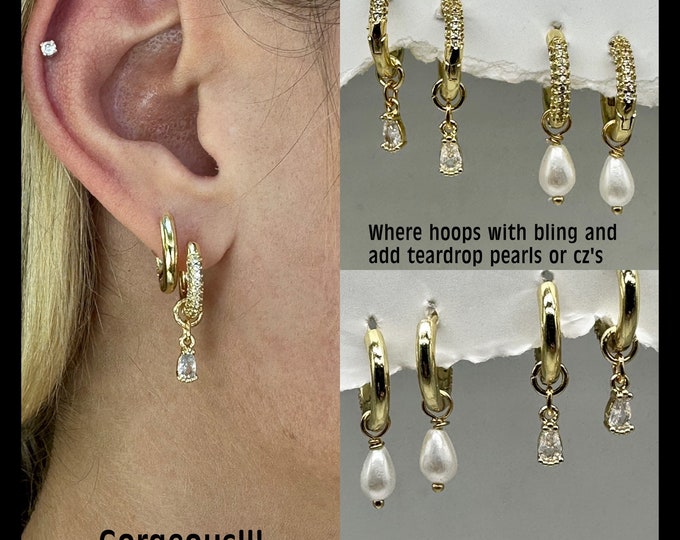 Gold Huggie Hoop Earring Set: Pearl & CZ Teardrop Charms