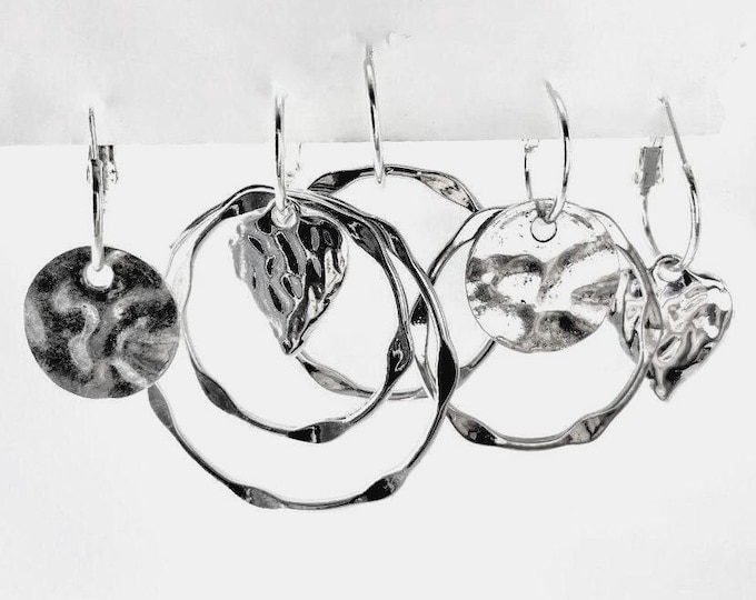 Hammered Heart Silver Earring Set: Valentines Interchangeable Dangle Earrings