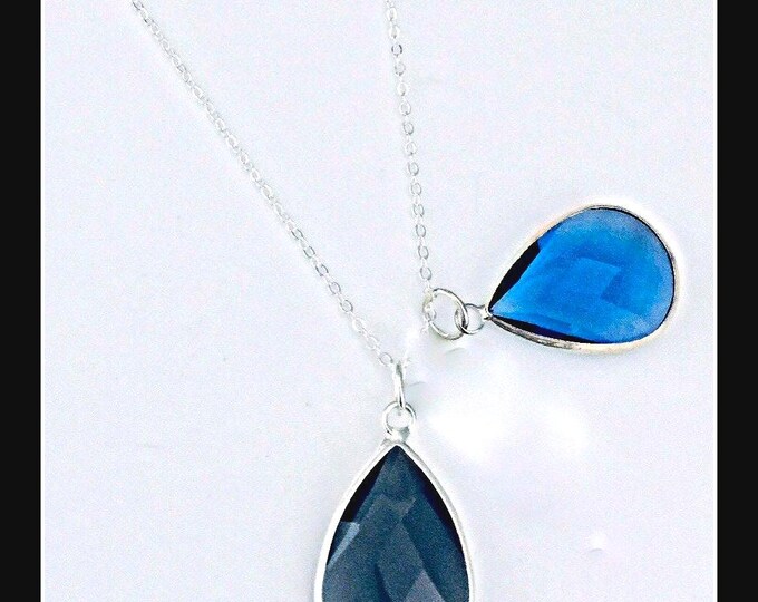 Silver Teardrop Necklace, Interchangeable, Crystal Teardrop Necklace, Blue and Gray Necklace Teardrop pendants