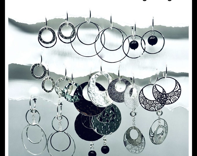 Silver earring set, Hammered Silver Earrings, Interchangeable hoop Earrings, Silver Dangle Earrings, hoop earring set, hand hammered earring