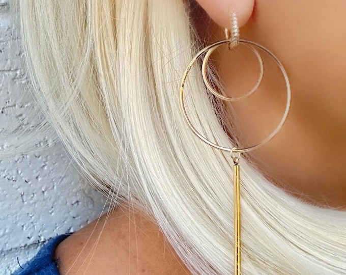 gold dangle earrings, gold long earrings, gold statement earrings, interchangeable gold earrings, gold circle earrings, gold rod earrings,