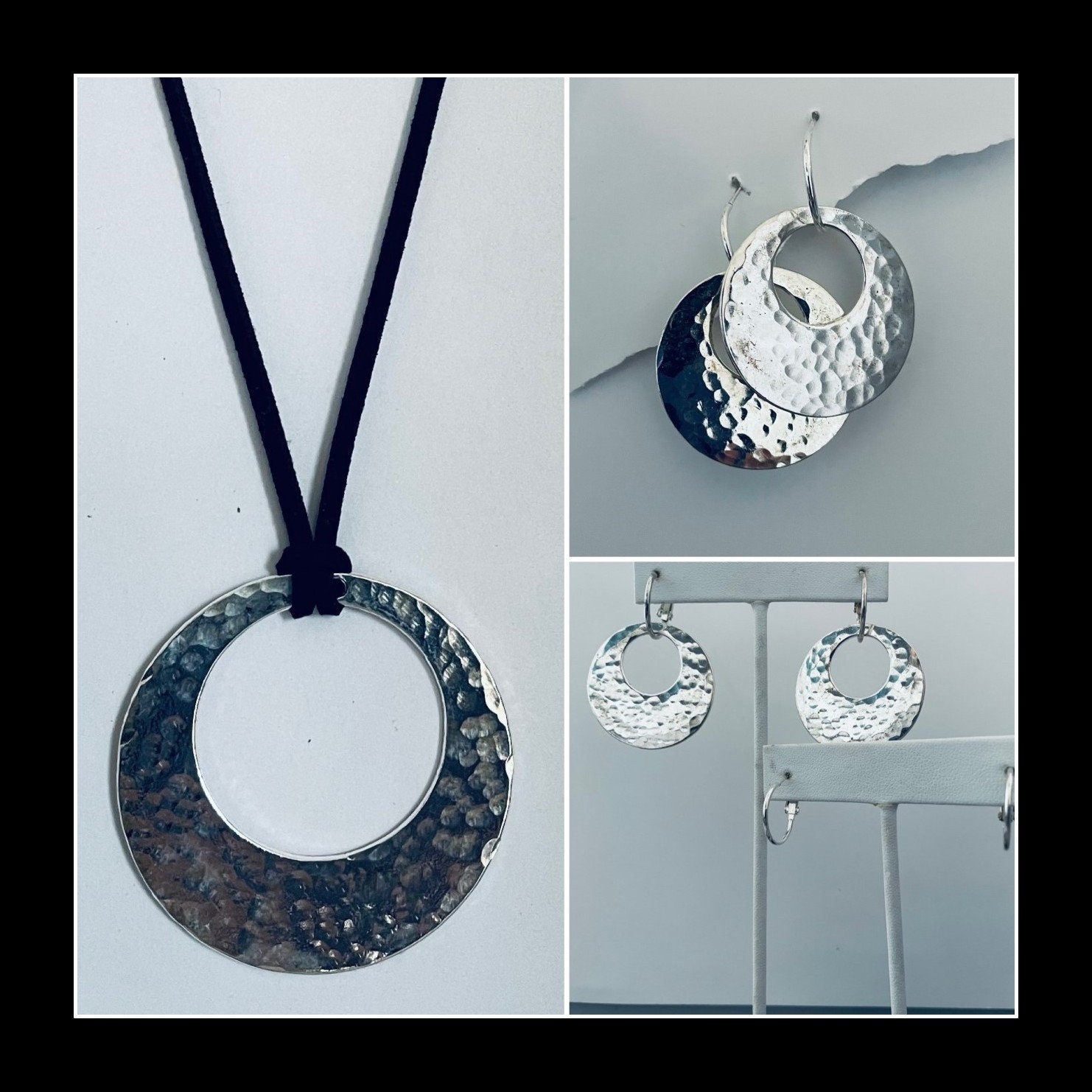 Hammered Necklace Set, Silver Hammered Necklace and Earrings, Hammered