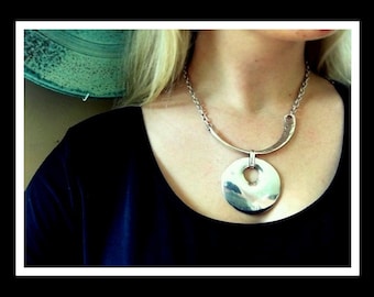 Large Circle Pendant Necklace: Geometric Silver Necklace Set