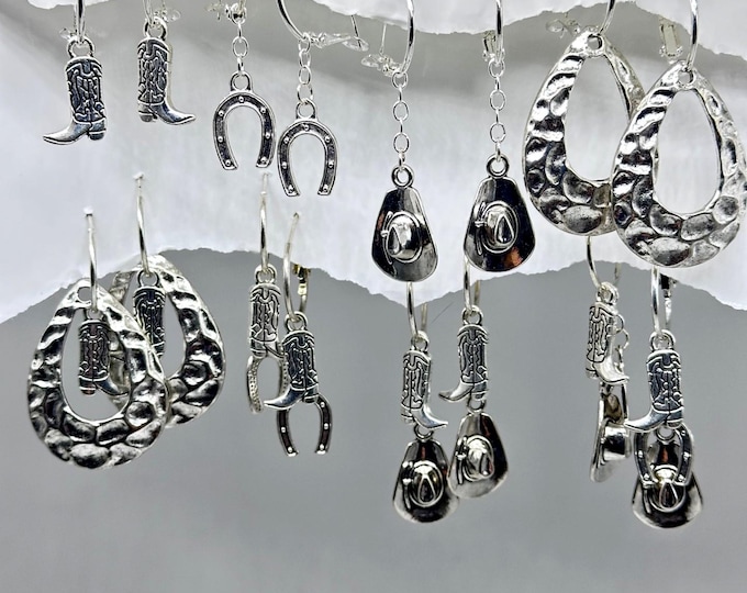 Cowboy cowgirl rodeo earrings, western cowboy earrings, interchangeable cowboy earrings, cowboy hat earrings, cowboy boot earrings,