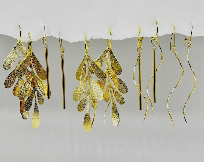 Gold Leaf Dangle Earrings interchangeable, Gold Leaf Rod and Swirl earrings, Gold earring interchangeable sets