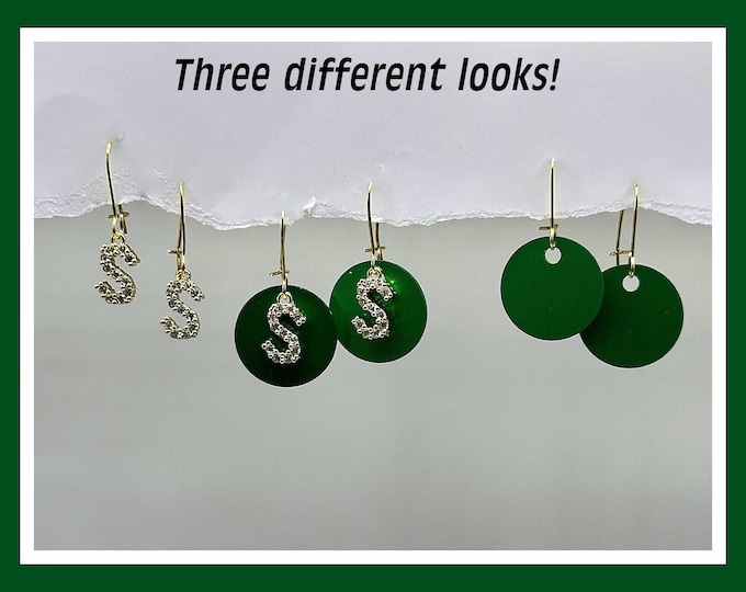 Michigan State Earrings, MSU earrings gold, Go Green earrings, Small gold MSU earrings, green white and gold earrings