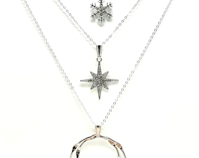 Holiday necklace Silver :Christmas, Star Snowflake interchangeable necklace