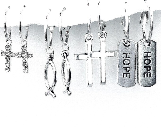 Christian Charm Earrings: Silver Cross, Fish, Hope - Faith Jewelry