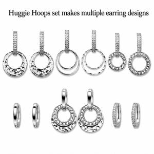 Reversible Huggie Hoop Earring Set: Silver Bling Circles, Hammered Charms