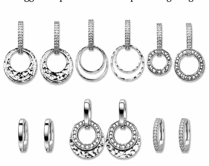 Reversible Huggie Hoop Earring Set: Silver Bling Circles, Hammered Charms
