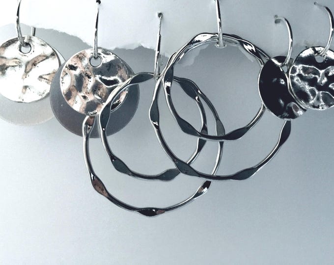 Hammered silver Bold Earrings, Interchangeable Silver hammered earrings, large and small silver earrings