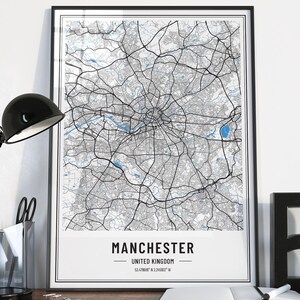 Manchester Map Print, United Kingdom, Cityscape, Streetscape, Poster