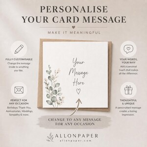 The image is a promotional graphic for a personalized card service, featuring a blank card with a floral design and the text "Personalise Your Card Message" along with various customization options such as changing the message, adding a personal touch, and creating a lasting impression.