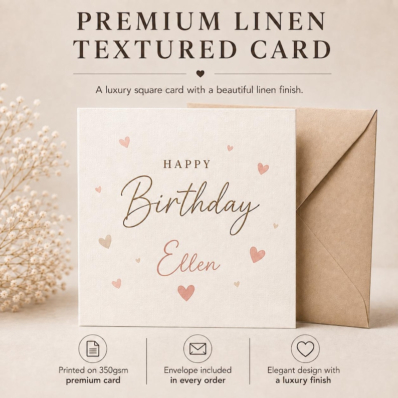 The image is an advertisement for a premium linen-textured birthday card. It features a square card with a beautiful linen finish, and the text "Happy Birthday Ellen" is displayed on it. The card is printed on a premium card, and it includes an envelope included in every order, suggesting a luxurious finish. The image also includes icons for the size of the card, the quality of the linen, and the overall design, providing a visual representation of the card's features.