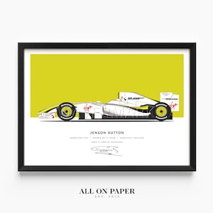 Jenson Button 2009 Brawn F1 Poster - Hand Drawn F1 Car Art - Unique Racing Decor