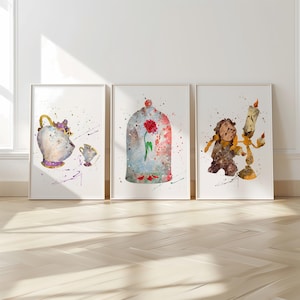 Set di 3 stampe artistiche ad acquerello de La bella e la bestia, poster, idea regalo per nipote, arte per bambini, per figlia, figlio, mamma, idea regalo