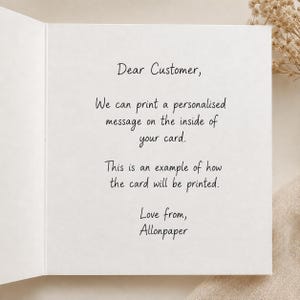 a handwritten message on a card, which is an example of how the card will be printed. The message is from Allonpaper, and it expresses love from the sender.