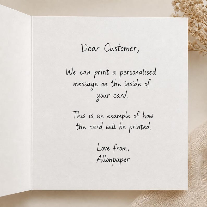 a handwritten message on a card, which is an example of how the card will be printed. The message is from Allonpaper, and it expresses love from the sender.