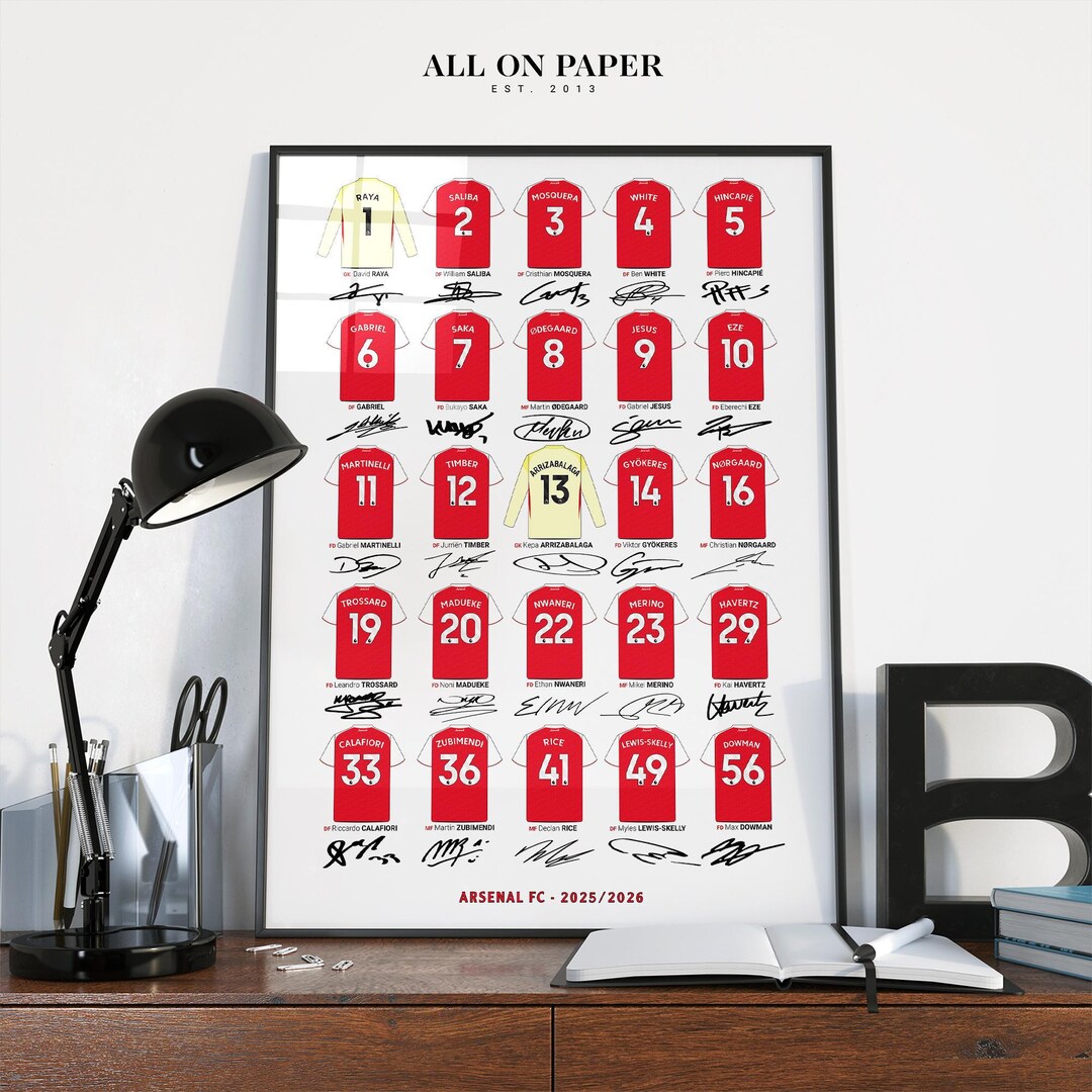 Arsenal 2025/2026 Squad Hand Drawn Shirt Art Print Minimalist ...