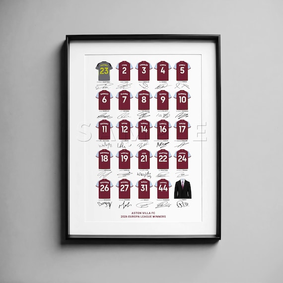 Villa 2026 Europa League Winners Squad Drawn Shirt Art Print Minimalist Collection Poster