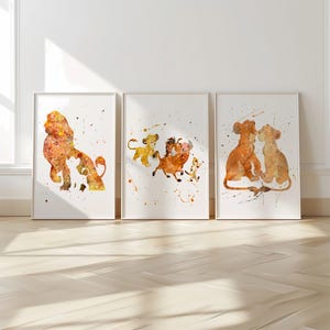Conjunto de 3 impressões de arte em aquarela do Rei Leão, pôster, ideia de presente para neta, arte de berçário, para filha, filho, mãe, ideia de presente