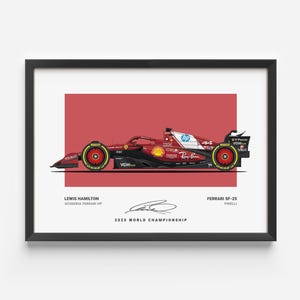 Pôster de Lewis Hamilton 2025 da Ferrari F1 - Arte de carro de F1 desenhada à mão - Decoração de corrida exclusiva